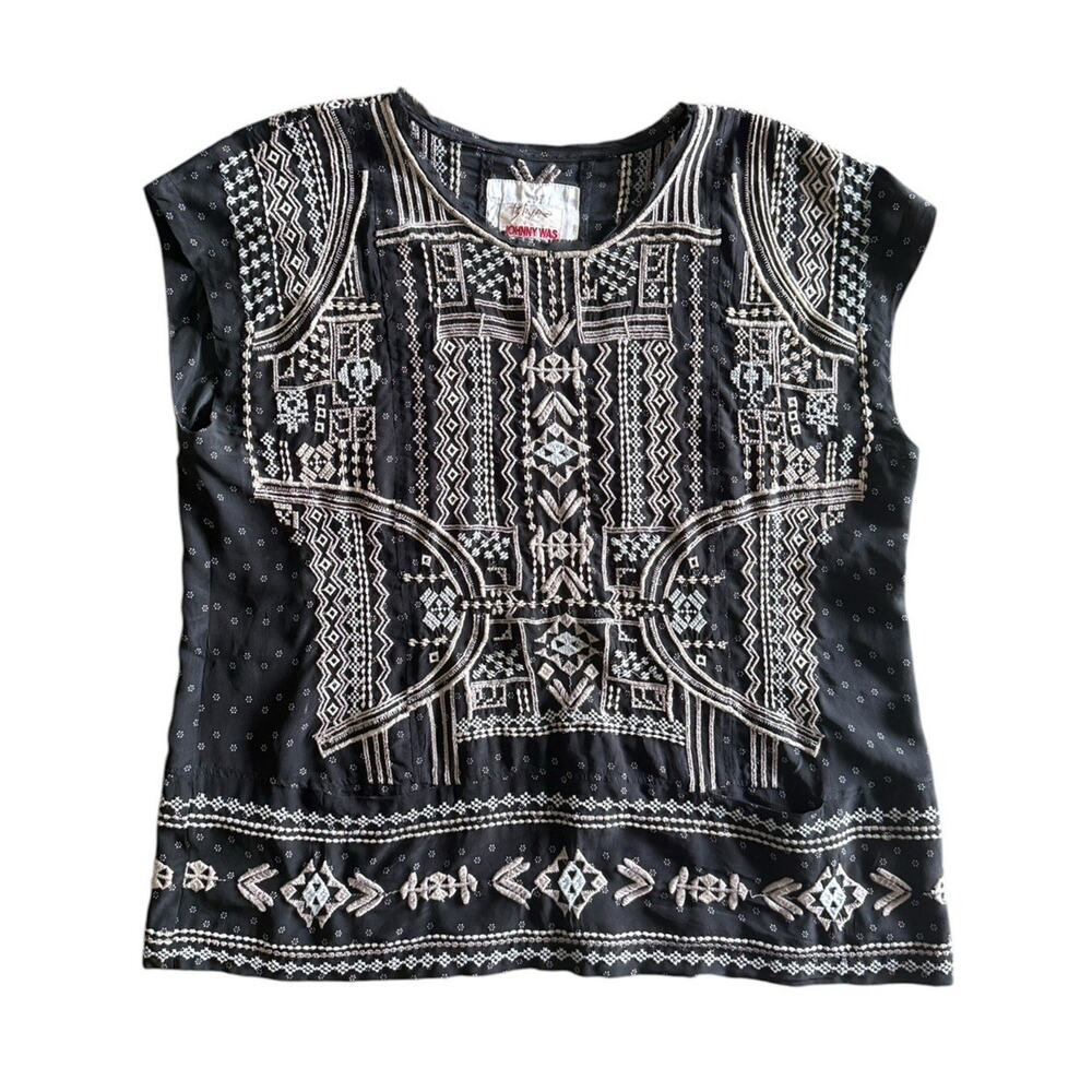 Biya Johnny Was Embroidered Top Black Boho Tunic Silk Blend Size S